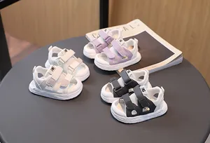 Three colors of breathable mesh toddler sandals with dual velcro straps and toe protection
