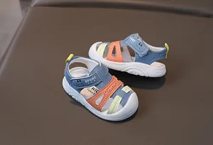 Detail of closed-toe toddler sandals with breathable hollow design and anti-slip sole