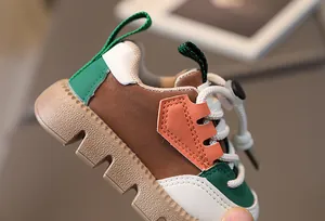 Detailed side view of color-block children sports sneakers with non-slip chunky outsole