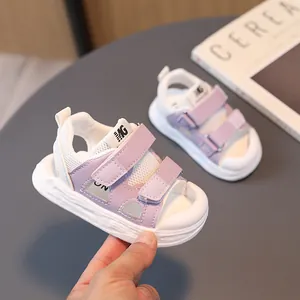 Breathable lavender and white toddler sandals with protective closed toe and velcro straps