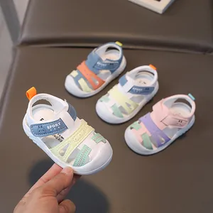 Baby Toddler Sandals Synthetic Leather Soft Sole Anti-Slip Anti-Collision Toe Patchwork Cartoon Rabbit Summer Walking Shoes
