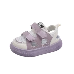Kids purple and white breathable mesh sandals with double velcro straps and 987 logo