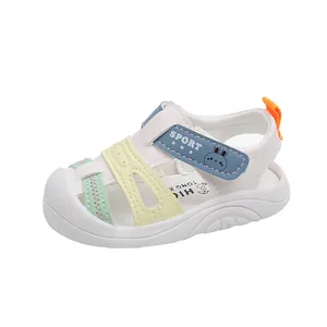 White infant closed-toe sandals with colorful stripes and anti-slip soft soles for toddlers