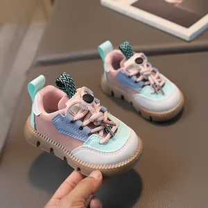 Kids colorful patchwork sneakers with non-slip thick rubber soles and easy pull laces