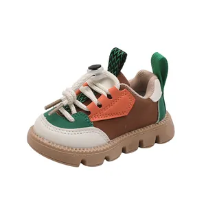 Kids color-block sneakers in brown and green with thick non-slip rubber soles for boys