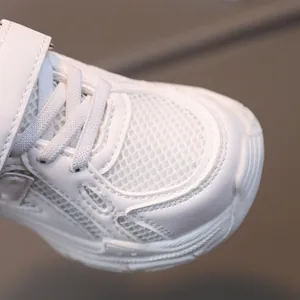 Breathable white mesh kids sneakers with hook and loop closure for running