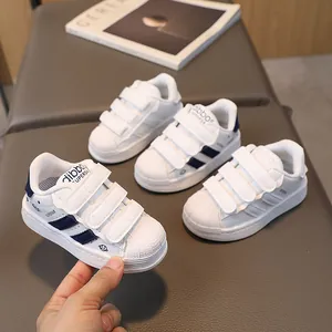 Kids Shell-toe Casual Shoes Synthetic Leather Hook and Loop Anti-slip White Blue Striped Sneakers for Boys Girls