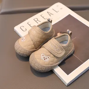 Soft-soled toddler shoes in beige with bear embroidery and fashion velcro straps