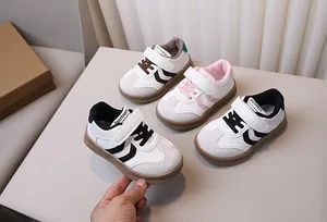 Detailed top view of four color variants of children's synthetic leather velcro sneakers