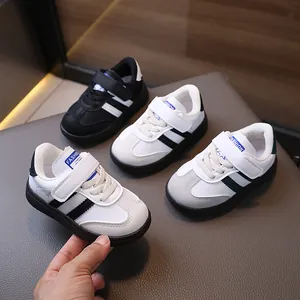 Kids Retro Sneakers Synthetic Leather Casual Shoes With Striped Pattern Hook And Loop Non Slip Rubber Sole For Boys Girls