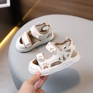 Toddler summer sandals with cute panda ears and non-slip soft sole in white and khaki