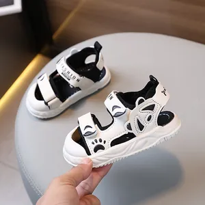 Cute panda-themed toddler sandals with black and white color block and non-slip rubber sole