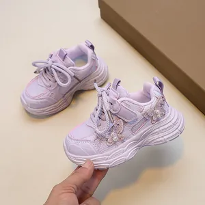 Girls purple mesh daddy sneakers with butterfly and pearl accents for spring