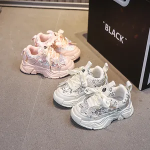Girls Princess Dad Sneakers Shiny Sequins 3D Rhinestone Butterfly Satin Ribbon Bow Breathable Thick Sole Kids Fashion Sporty Shoes