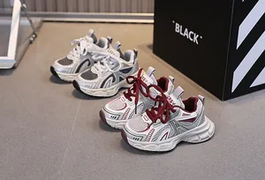 Close-up of kids retro sports shoes featuring breathable mesh and thick anti-slip soles
