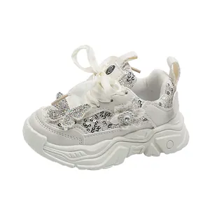 Girls' sequin chunky sneakers with rhinestone butterfly and satin bow in beige