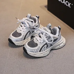 Kids breathable mesh sneakers with chunky soles and lace-up closure for running
