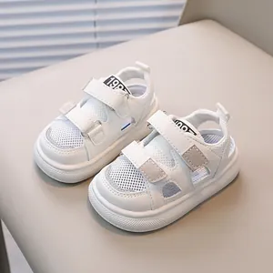White breathable mesh toddler sandals with protective toe cap and velcro straps