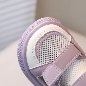 Breathable purple and white mesh toddler shoes with rubber toe and velcro straps