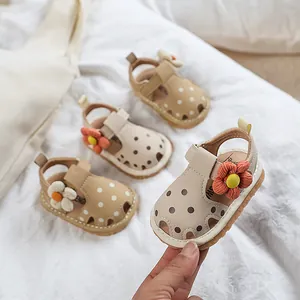 Sandales Bout Fermé pour Bébé Fille Décoration Florale Pois Cuir Synthétique Semelle Souple Chaussures Premiers Pas Été Plage