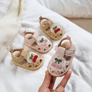 Toddler Girls Baby Sandals Closed Toe Cut Out Heart Lace Cherry Embroidery Hook And Loop Microfiber Leather Soft Sole Shoes