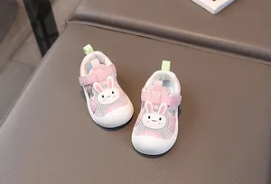 Detailed top view of pink toddler sandals with cartoon rabbit and soft non-slip sole