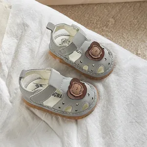 Toddler summer sandals in grey with cute bear patch and non-slip soft rubber soles