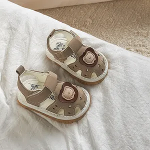 Summer baby sandals with bear patch, soft sole and toe protection in khaki
