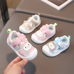 Summer Baby Toddler Sandals Breathable Mesh Walking Shoes Anti-Collision Toe Cartoon Animal Design Synthetic Leather Rubber Sole Hook-And-Loop Casual Infant Shoes