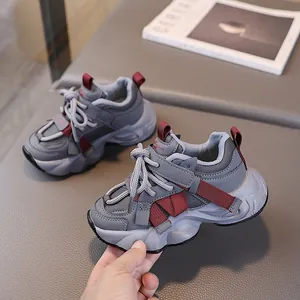 Kids chunky color-block sneakers in grey and burgundy with hook and loop closure