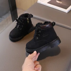 Winter black children's martin boots with warm plush lining and durable non-slip thick soles