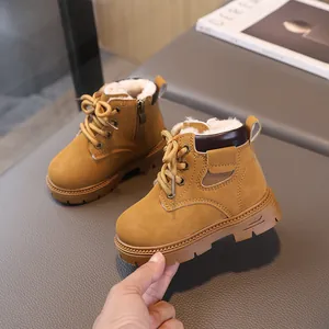 Warm kids winter boots in yellow matte leather with cozy white fleece lining and side zipper