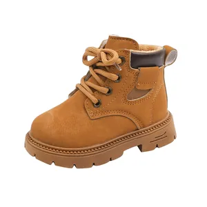 Classic tan waterproof leather children's martin boots with warm plush lining and non-slip sole