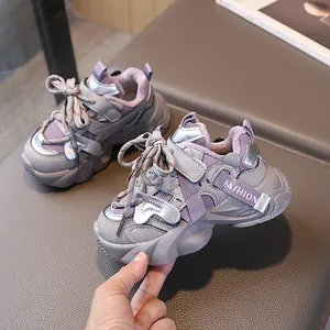 Winter kids' sneakers in purple and grey leather with warm lining and thick rubber soles