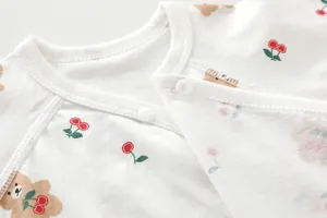 Close-up of baby bodysuit neckline with soft cotton fabric and snap button closure