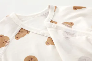 Detail of baby cotton bodysuit featuring bear prints and high-quality snaps