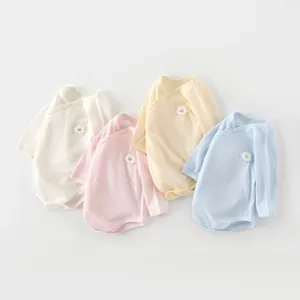 Bamboo fiber long sleeve baby bodysuits in four soft colors with cute sheep patches