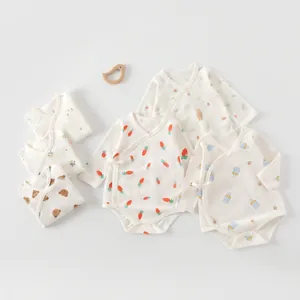 Newborn Baby Long Sleeve Romper 100% Cotton Breathable Kimono Tie Slant Opening Infant Onesie With Cute Bear Carrot Print