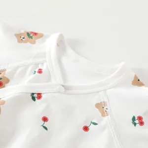 Cotton newborn bodysuit with cute bear cherry print and snap button neckline