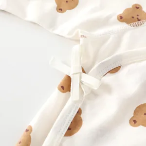 Newborn cotton romper with bear print and side-tie kimono closure for infants