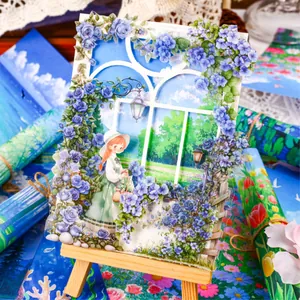 Papel decorativo retro con ilustración de niña en un jardín de rosas azules