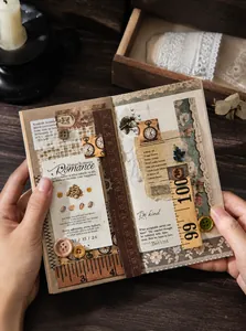 Detalle de pegatinas vintage para scrapbooking con encaje, relojes y notas de papel viejo