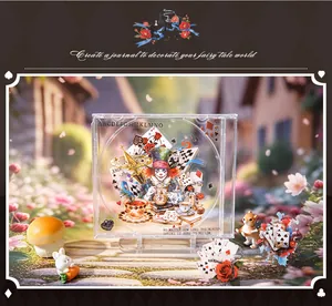 Macro detail of Alice in Wonderland themed acrylic display with miniature garden figurines