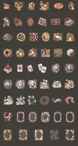 Detail of vintage Alice themed stickers showing roses, clocks, and classic chess patterns