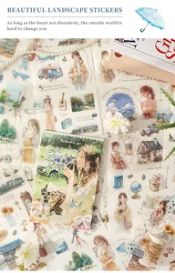 Vue détaillée d'autocollants PET vintage avec illustrations de paysages pour journaux créatifs.