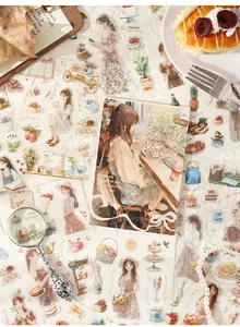 Gros plan de planches d'autocollants PET vintage avec illustrations de filles et desserts