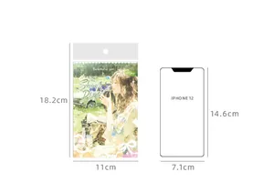 Dimensions détaillées du carnet d'autocollants PET avec comparaison iPhone 12.