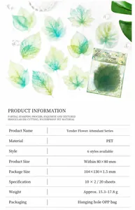 Detailed specification chart for PET green leaf floral stickers with 20 pieces per pack