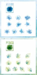 Detail of PET floral stickers showing blue and yellow botanic designs in 20-piece packs