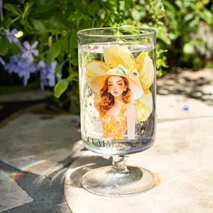 Vintage PET floral girl stickers on glass cup with elegant summer fashion illustration